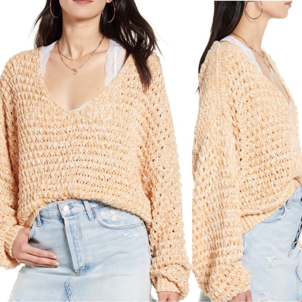 FREE PEOPLE  V Neck Sweater Crochet Peach Cream Off Shoulder Crop SZ M